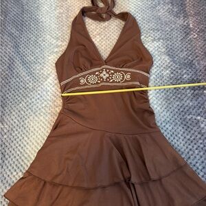 ROMWE Brown Backless Dress with Embroidered Detail